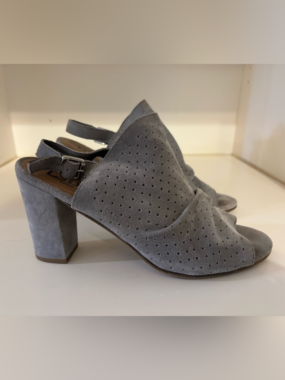 Diba Gray Perforated Suede Peep toe sling back booties